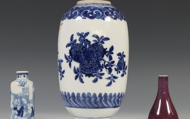 China, blue-white porcelain vase and two miniature vases,...