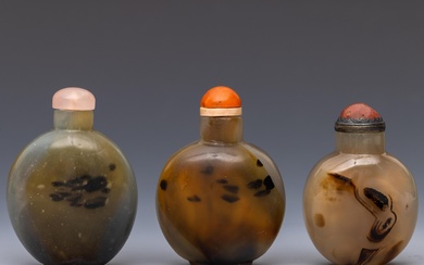 China, three agate snuff bottles and covers
