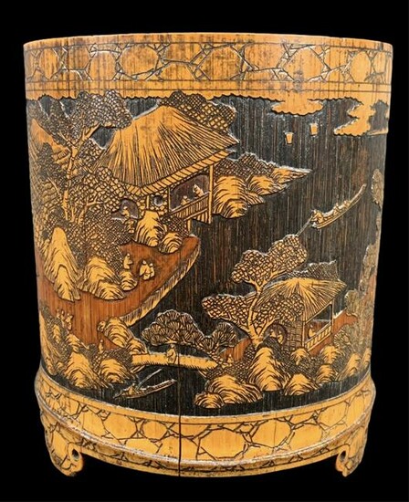 Chinese Bamboo Brushpot, Carved Landscape