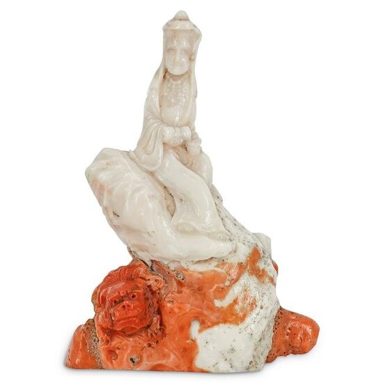 Chinese Guanyin White & Red Coral Carving Figure