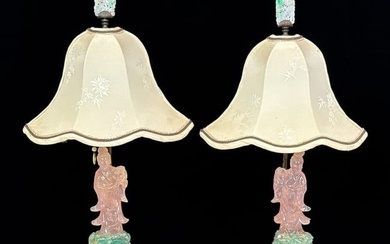 Chinese Rose Quartz Figure Boudoir Lamps