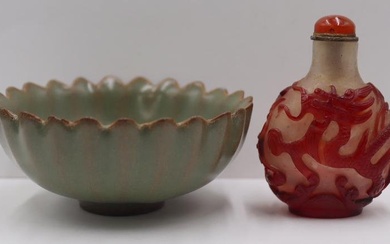 Chinese Tea Dust Bowl and Dragon Snuff Bottle.