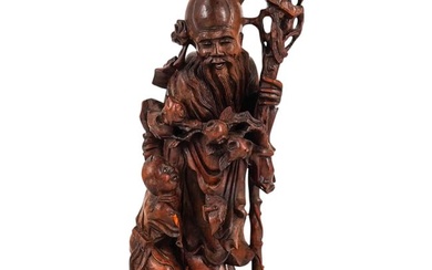 Chinese Wooden Shou Sculpture