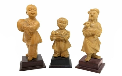 Chinese wooden sculpture of three children, with stand