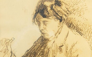 Circle of Walter Richard Sickert ARA, British 1862-1940- Study of a lady seated half-length turned to the left holding a pencil; pen and brown ink on paper, 32 x 24 cm