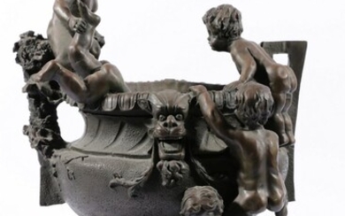Classical Style Bronze Urn Decorated With Five Clambering Putti H: 45cm