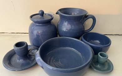 Collection of Blue Pottery Kitchen Items - Canisters, Pitcher, Bowl, Candleholders