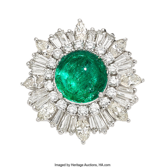 Colombian Emerald, Diamond, Platinum Ring-Dant® Stones: Emerald cabochon; tapered...