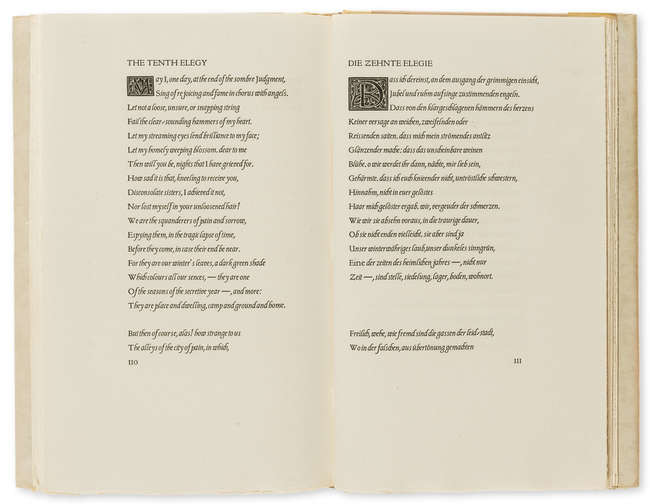 Cranach Press.- Rilke (Rainer Maria) Duineser Elegien..., first edition in English, one of 230 copies, original vellum-backed boards, printed at the Cranach Press for the Hogarth Press, 1931.