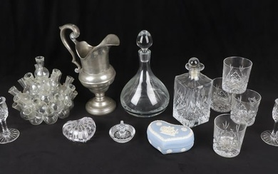 Crystal, pewter and porcelain table items