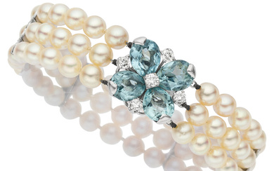 Cultured Pearl, Aquamarine, Diamond, Platinum, White Gold Bracelet Stones:...