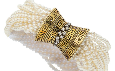 Cultured Pearl, Diamond, Gold Bracelet Stones: Full-cut diamonds weighing...