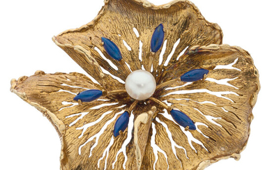 Cultured Pearl, Lapis Lazuli, Gold Brooch Stones: Lapis lazuli...