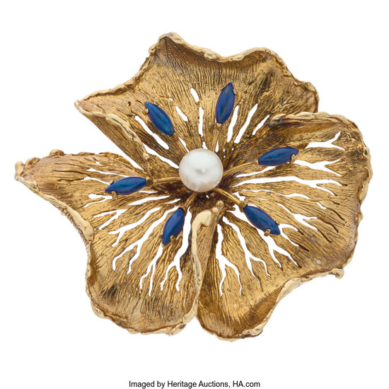 Cultured Pearl, Lapis Lazuli, Gold Brooch Stones: Lapis lazuli...