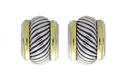 DAVID YURMAN 14K SILVER TWISTED CABLE THOROUGHBRED CIGAR BAND HUGGIE HOOP EARRINGS Authentic