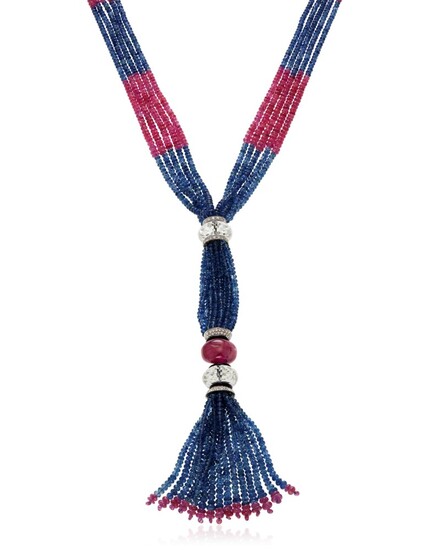 DIAMOND, SAPPHIRE AND RUBY BEAD NECKLACE