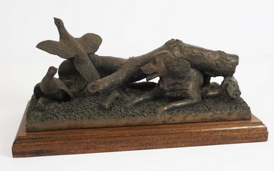 David Hughes, "The Flush", A Bronzed Resin of a hound and two pheasants, on an oak plinth
