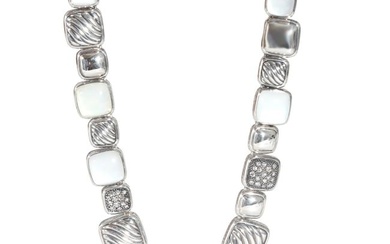 David Yurman Chiclet Moonstone & Diamond Necklace in Sterling Silver 1/1 Ctw