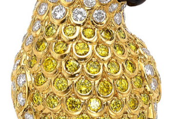 Diamond, Colored Diamond, Onyx, Gold Brooch Stones: Full-cut yellow...