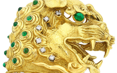 Diamond, Emerald, Gold Pendant-Brooch Stones: Full-cut diamonds weighing a...