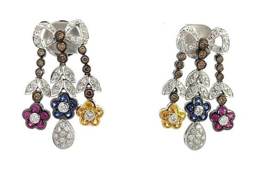 Diamond Floral Dangle Earrings Multicolor Sapphire 18k Gold