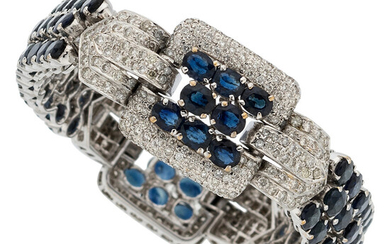 Diamond, Sapphire, White Gold Bracelet Stones: Oval-shaped sapphires weighing...