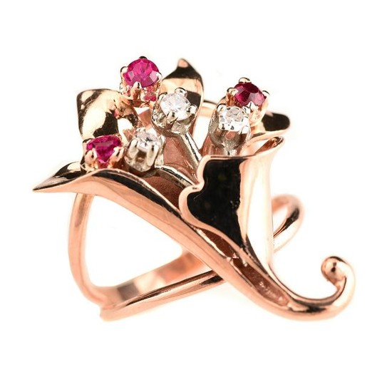 Diamond, Synthetic Ruby, 14k Rose Gold Ring.