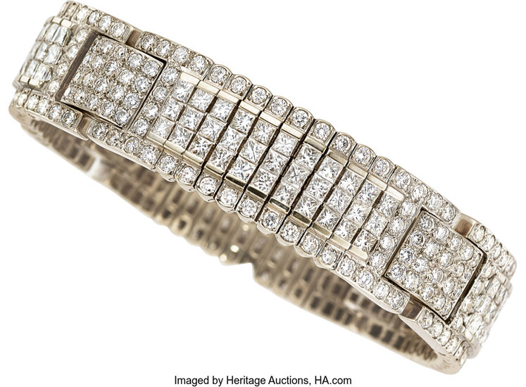 Diamond, White Gold Bracelet Stones: Square brilliant-cut diamonds weighing...