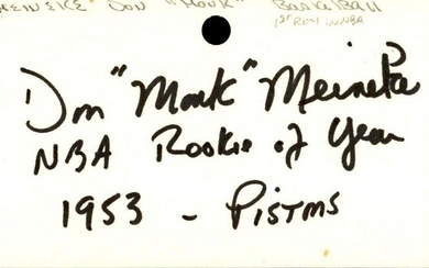 Don Monk Meineke Signed Index Card 3x5 Autographed '53 ROY Pistons Rare 60738