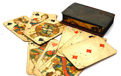 EARLY 20TH CENTURY FRENCH DECK OF PLAYING CARDS WITH TIN CASE.