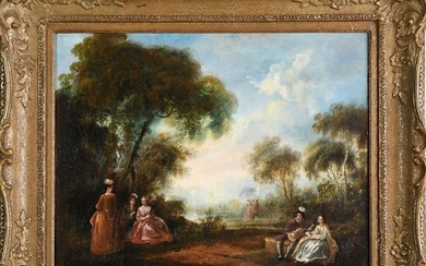 ÉCOLE FRANCAISE du XVIIIè (suiveur de Watteau). « Scène bucolique dans un parc ». Huile...