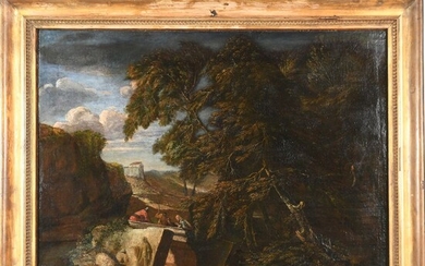 ÉCOLE FRANCAISE fin XVIIè début XVIIIè. « Paysage animé ». Importante huile sur toile dans...