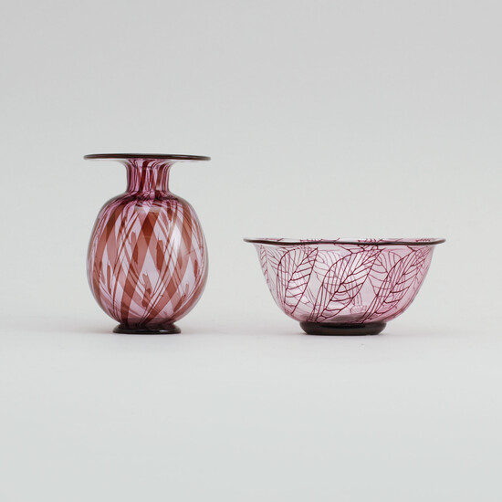 EVA ENGLUND. Vase and bowl, glass, "Graal" signed and numbered, Orrefors.