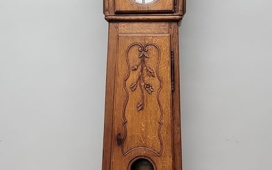 Early 19th Century Carved 1/4 cut Oak French Tall Clock with Morbier Movement , 2 cast iron weights