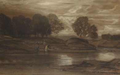 NON VENUEcole du XIXème s. Lavandière au bord de la rivière Crayon gras, chiffré DC 25 x 40 cm ( à vue)