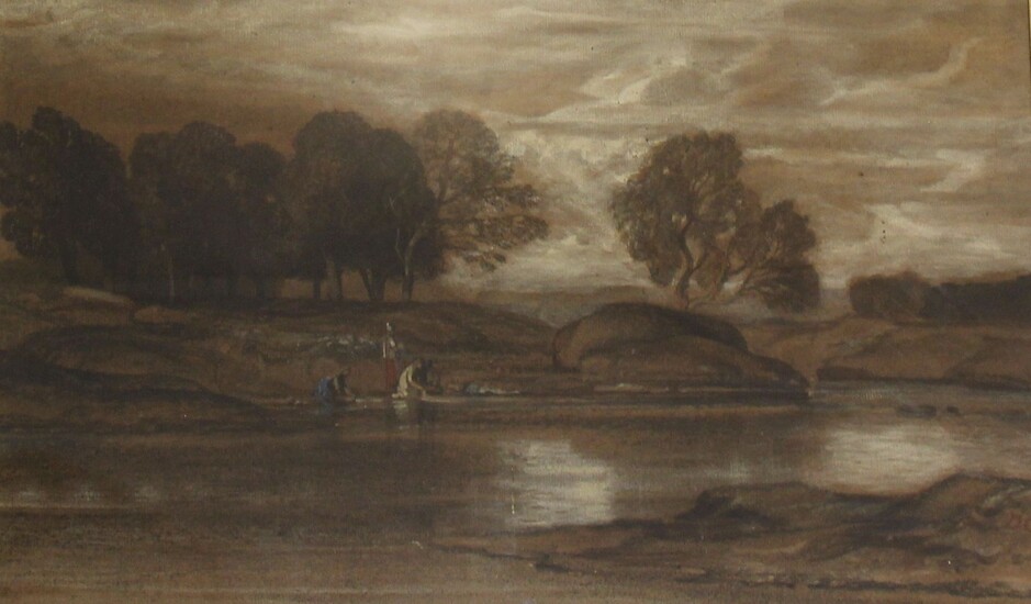 NON VENUEcole du XIXème s. Lavandière au bord de la rivière Crayon gras, chiffré DC 25 x 40 cm ( à vue)