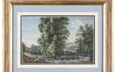 École européenne, 18e / 19e siècleUne vue de rivière avec des maisons et du bétail...