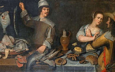 École flamande vers 1625 Étalage d'un marchand de poissons, allégorie du toucher Toile 109 x...