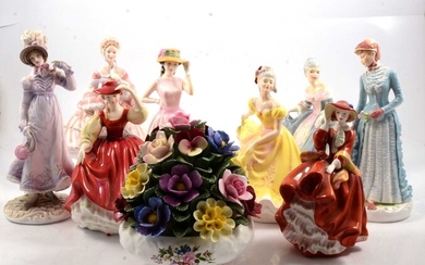 Eight Royal Doulton and Royal Worcester figurines, and an Aynsley posy.