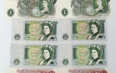 Eight Vintage EF/UNC grade British Currency Notes. 6 x £1 an...