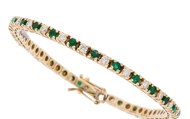 Emerald, Diamond, Gold Bracelet The bracelet features round-cut emeralds...