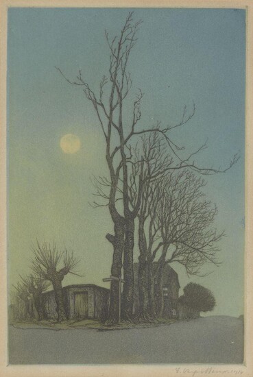 Émile Antoine Verpilleux MBE, British 1888-1964- Moonlight, 1914; etching with aquatint in colours on wove, signed and dated in pencil, plate 26 x 17.5cm (framed) (ARR)