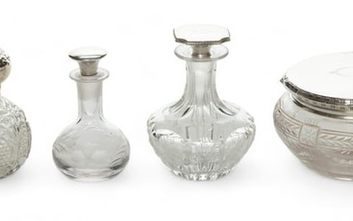 English & American Sterling Silver & Crystal Vanity Box & Perfume Bottles, H 4.5" Dia. 3" 4 pcs