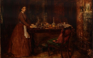 NOT SOLD. English school, 19th century: A woman standing by a table laid with food...