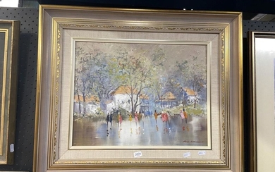 Eric Whissen - "Street Scene", oil on board, 53 x 64cm (frame), signed lower right