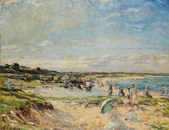 Evelyn Cheston NEAC, British 1875-1929 - Studland Bay; oil on canvas, signed lower left 'E. Cheston', titled to the reverse of the frame 'Studland Bay', 72 x 91 cm Exhibited: Walker Art Gallery, Liverpool (according to the label attached to the...