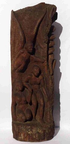Exceptional Wood Carving of Adam and Eve in Garden