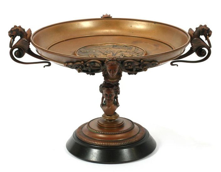 FRENCH BRONZE TAZZA, GRIFFIN HANDLES, 19TH C.