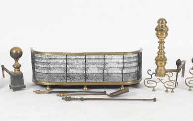 Federal Brass and Wire Fire Fender, Andirons and Tools