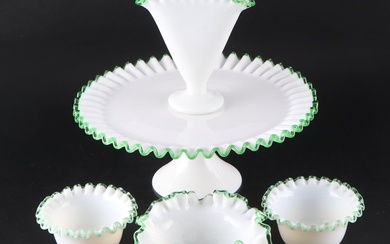 Fenton Emerald Crest Milk Glass Cake Stand, Bowls and Fan Vase